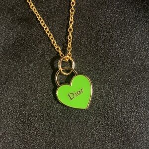 Dainty green and gold Upcycled Christian Dior charm on 18” gold 925 chain